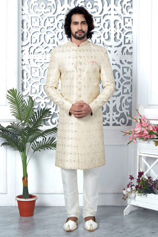 Cream Colour Art Silk Sherwani With Churidar Pant