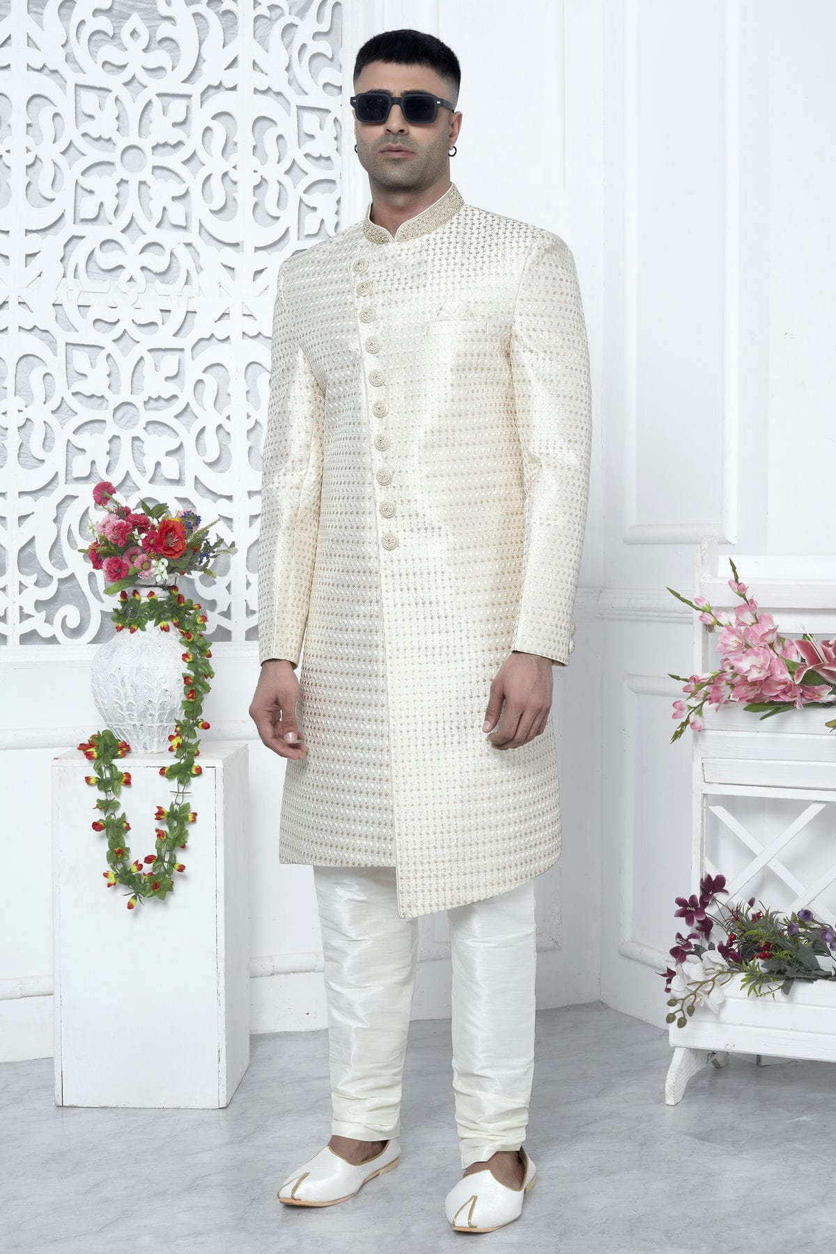 Cream Colour Art Silk Sherwani With Churidar Pant VSSH1230065