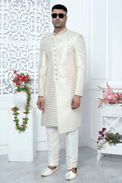 Cream Colour Art Silk Sherwani With Churidar Pant VSSH1230065