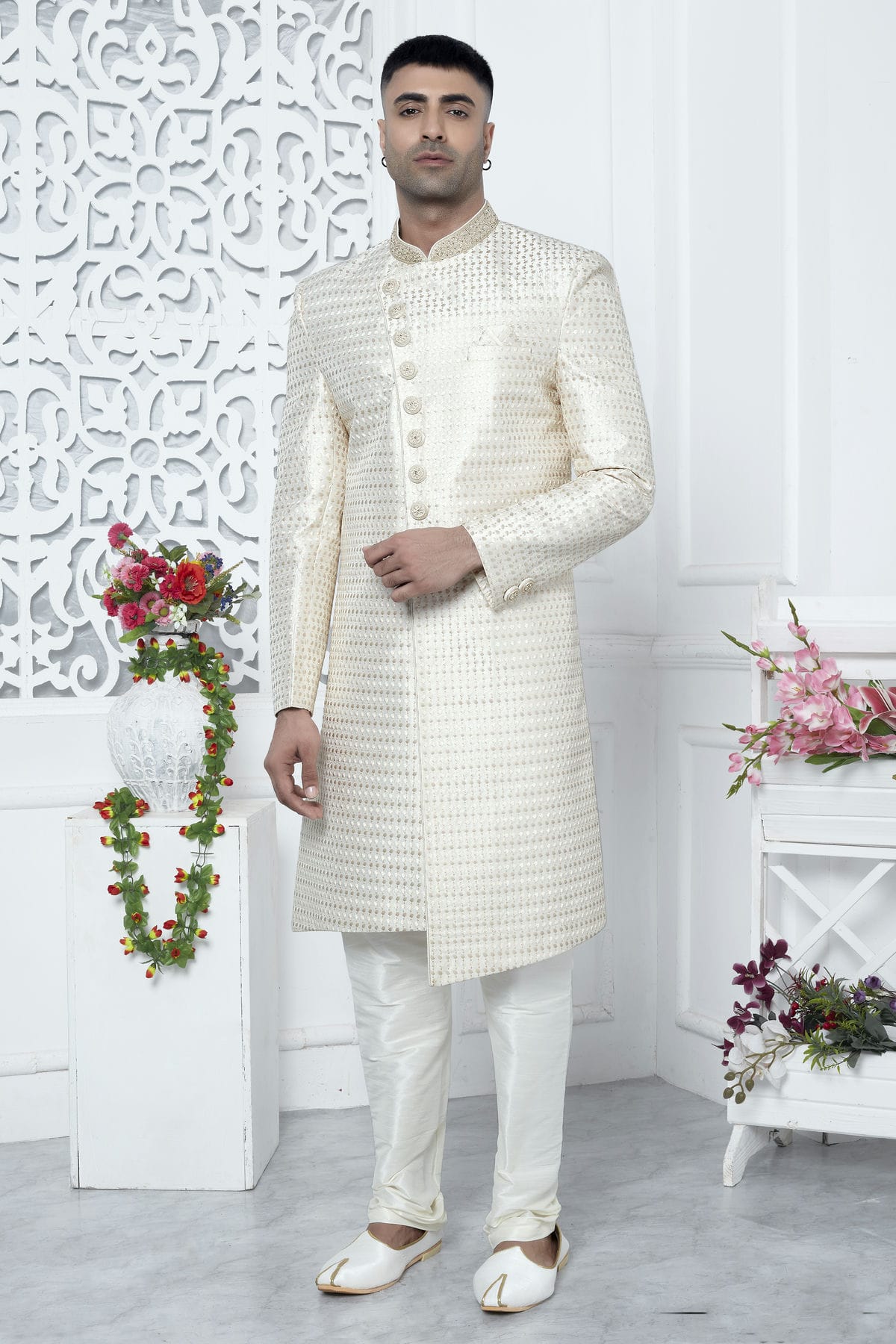 Cream Colour Art Silk Sherwani With Churidar Pant