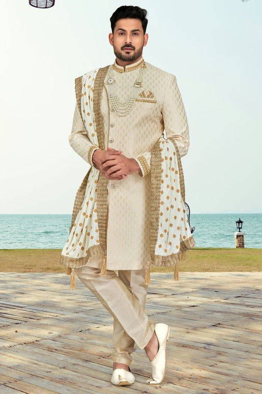 Cream Colour Banarasi Jacquard Sherwani VSSH1040517