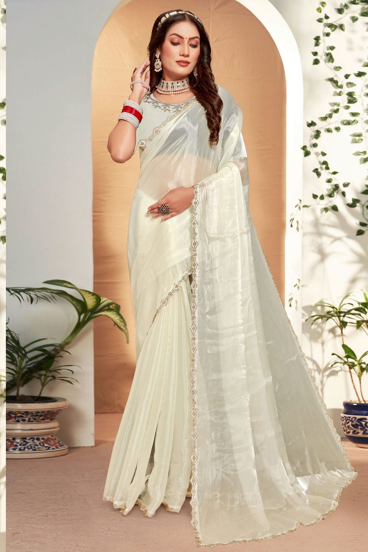 Cream Colour Burberry Silk Designer Saree