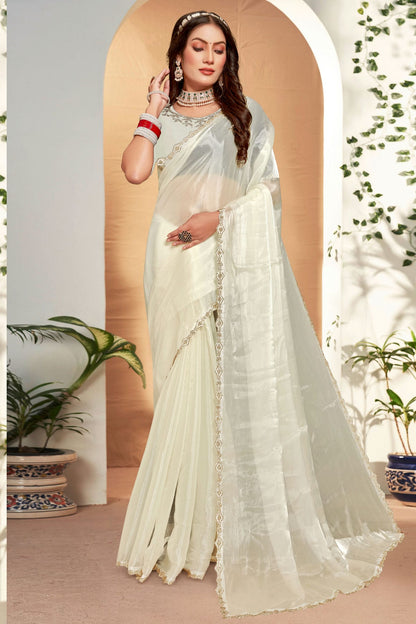 Cream Colour Burberry Silk Designer Saree