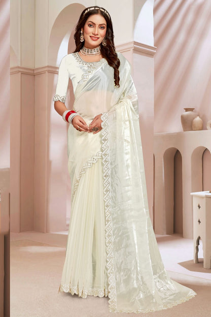 Cream Colour Burberry Silk Designer Saree