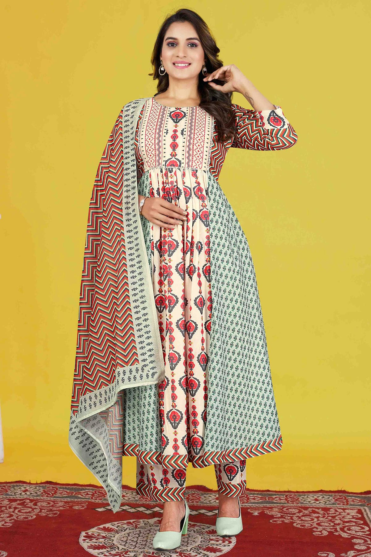 Cream Colour Cotton Stitched Anarkali Suit VSSS1140956