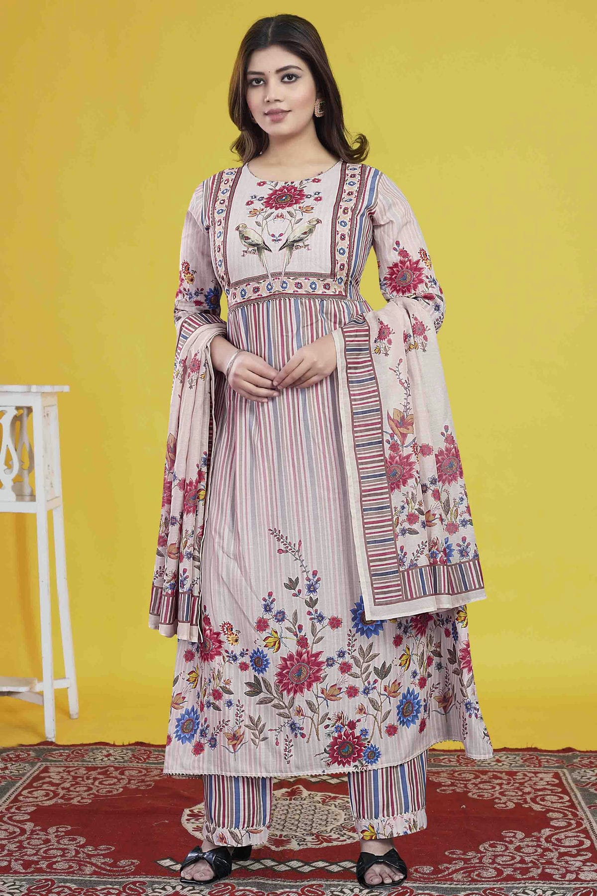 Cream Colour Cotton Stitched Pant Style Suit VSSS1140951