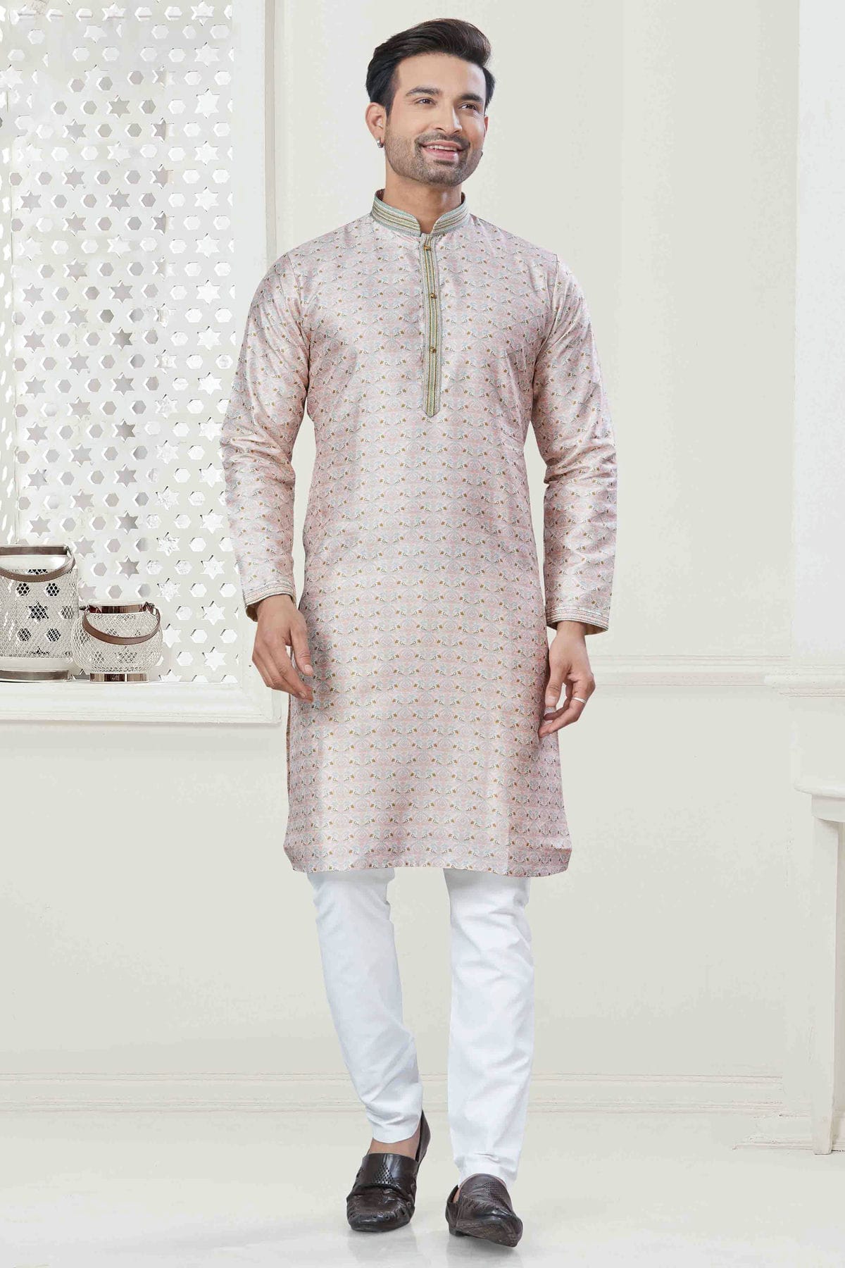 Cream Colour Digital Print Silk Kurta Pajama VSKP1113418