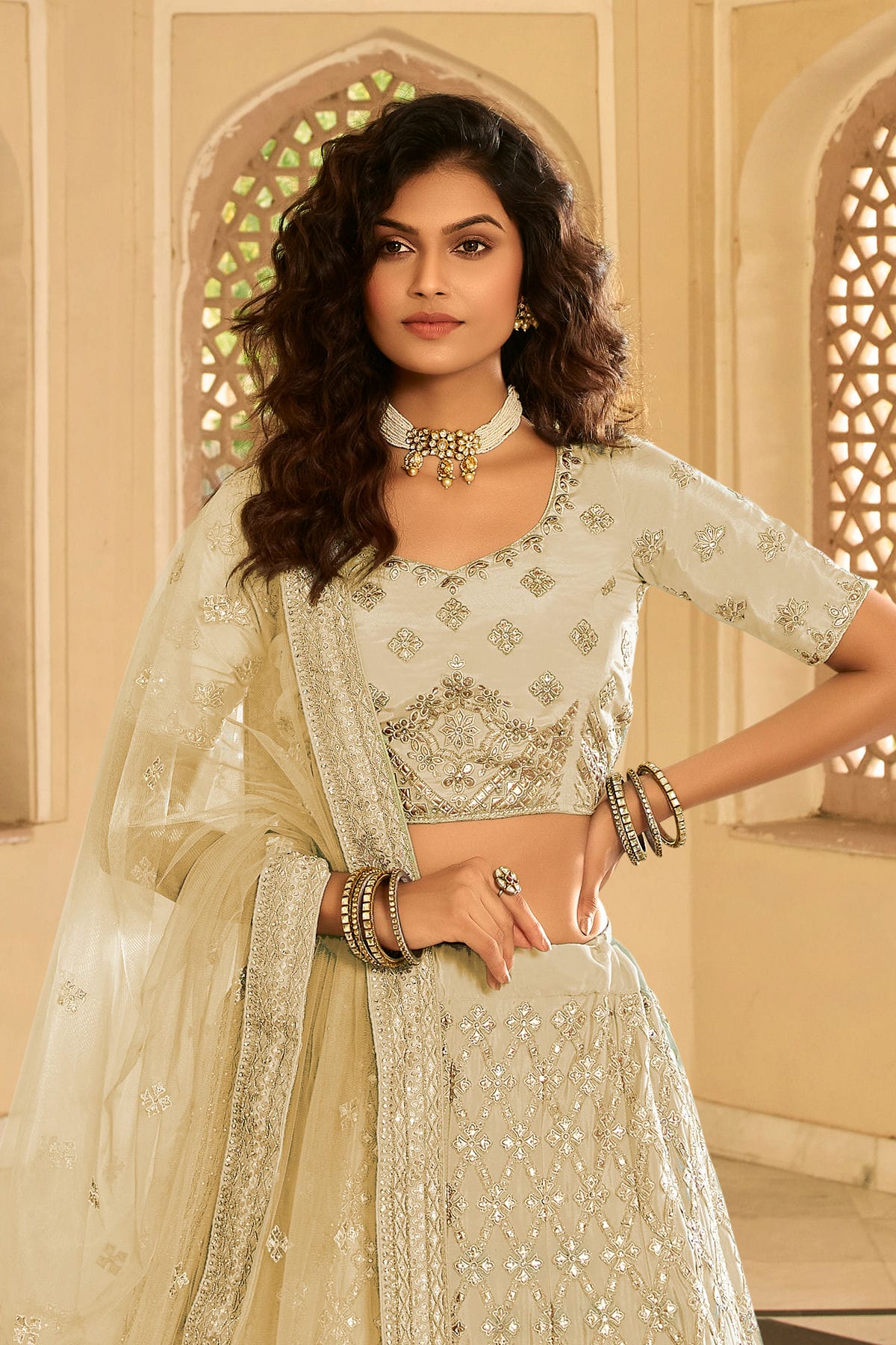 Cream Colour Embroidery Organza Lehenga Choli VSLD1080821