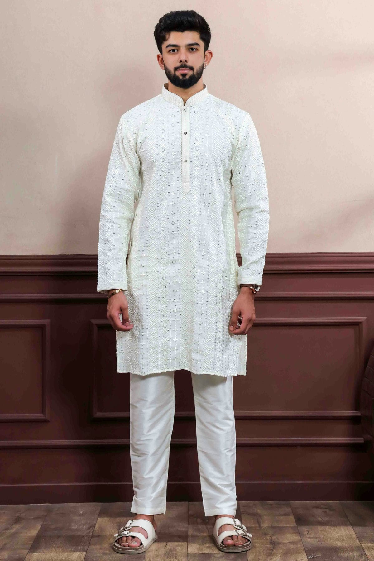 Cream Colour Embroidery Viscose Kurta Pajama VSKP1113415