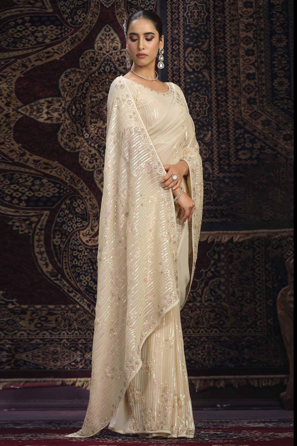 Cream Colour Georgette Designer Saree VSSD1080877