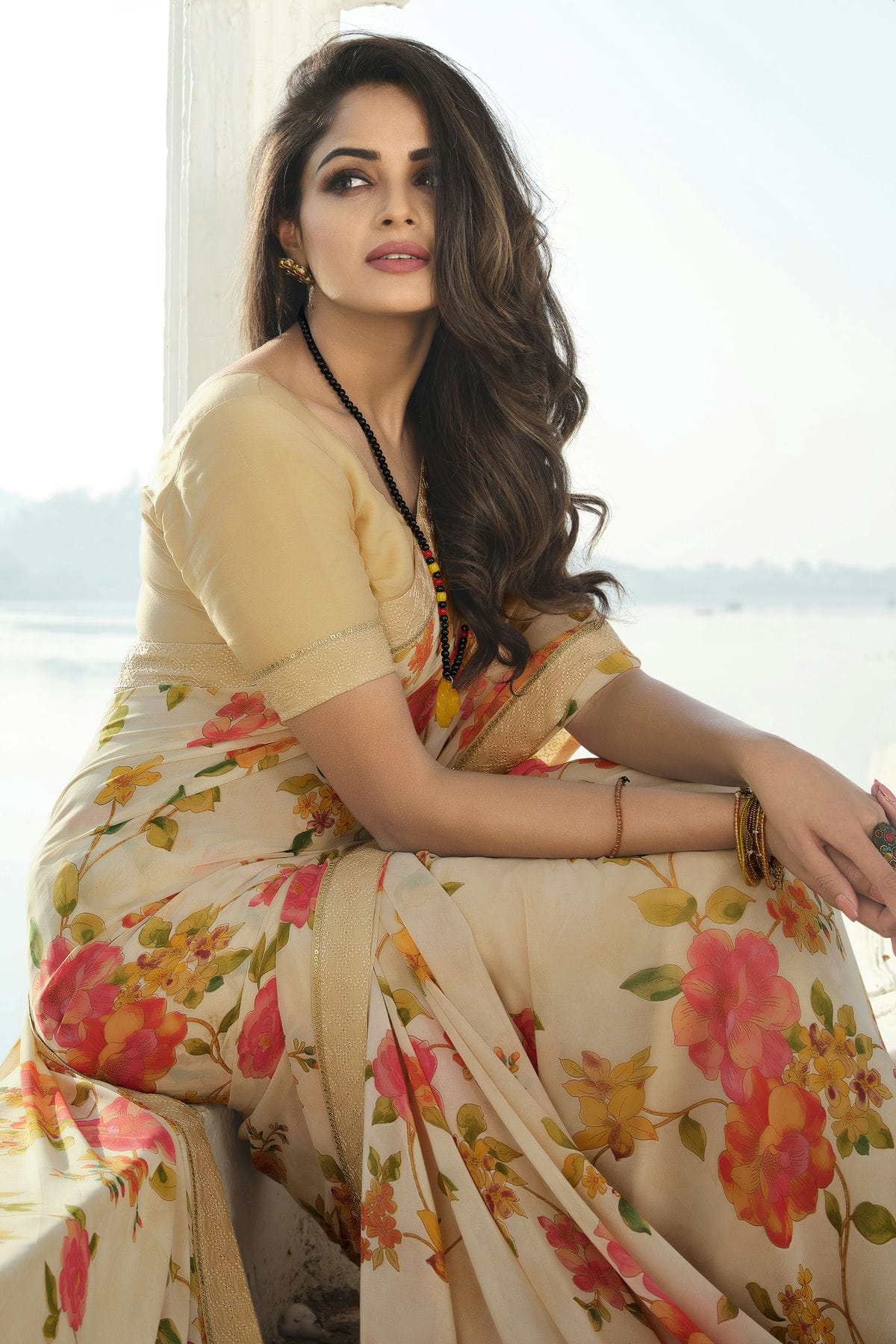 Cream Colour Georgette Printed Saree VSSD1180073