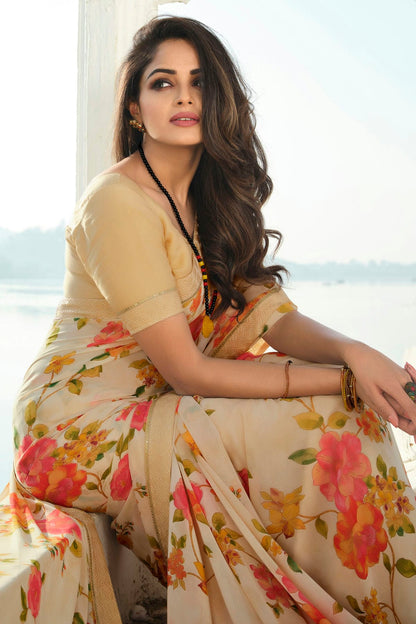 Cream Colour Georgette Printed Saree VSSD1180073
