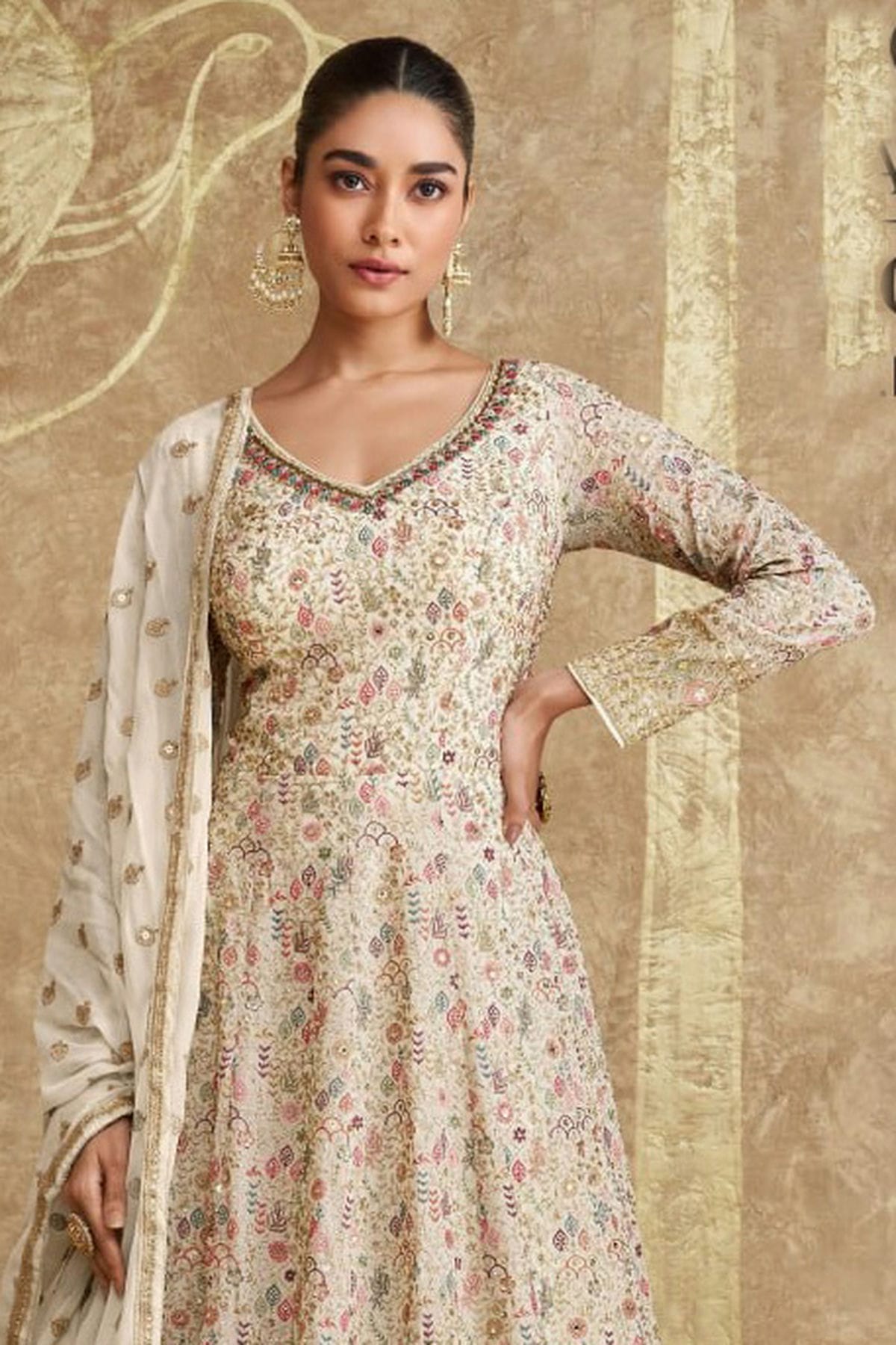 Cream Colour Gerogette Anarkali Suit VSSM1140627