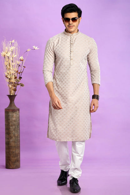 Cream Colour Jacquard Art Silk Pintex Work Kurta Pajama VSKP1230204