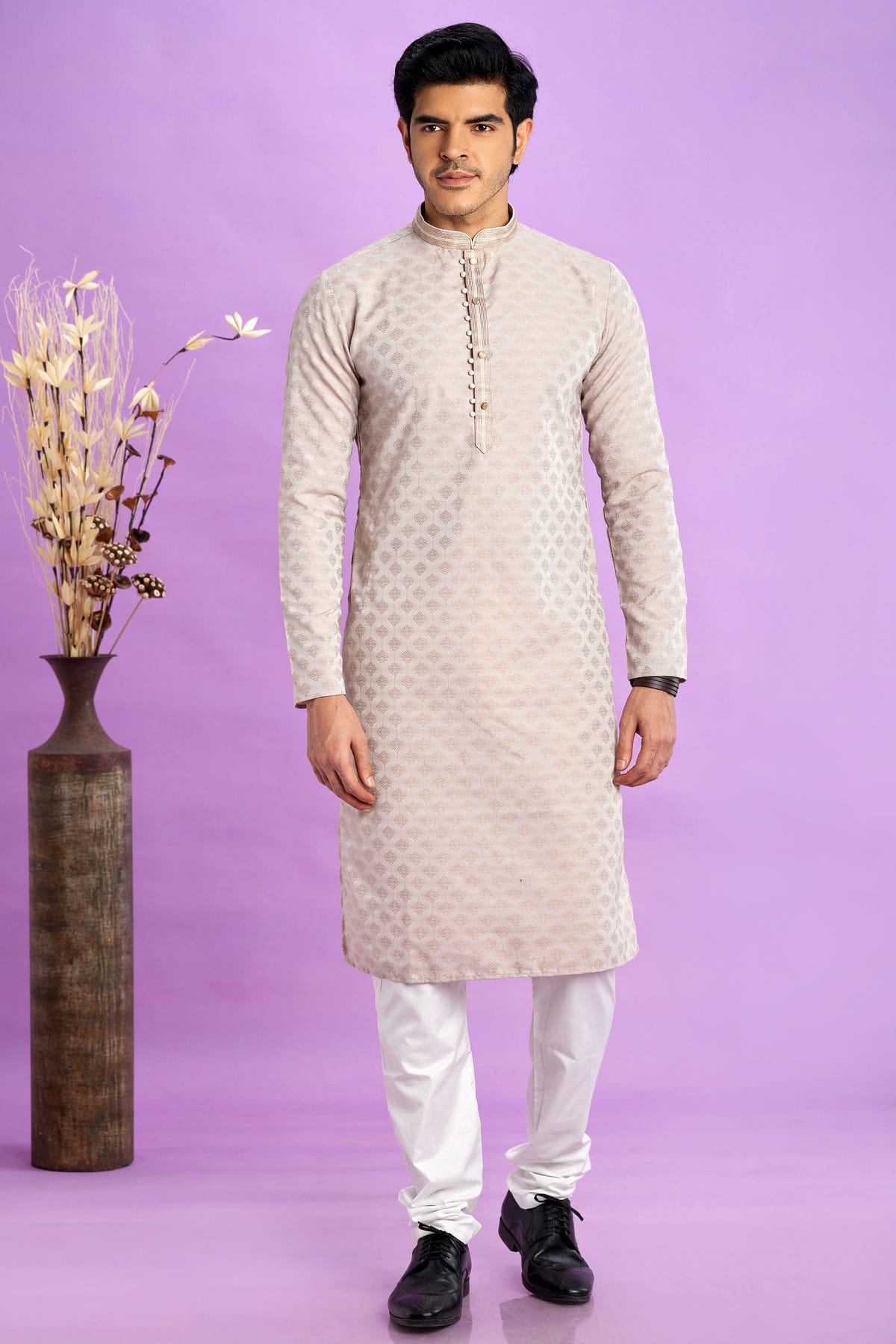 Cream Colour Jacquard Art Silk Pintex Work Kurta Pajama