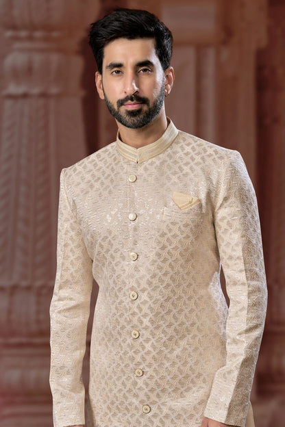 Cream Colour Jacquard Sherwani VSSH1040550