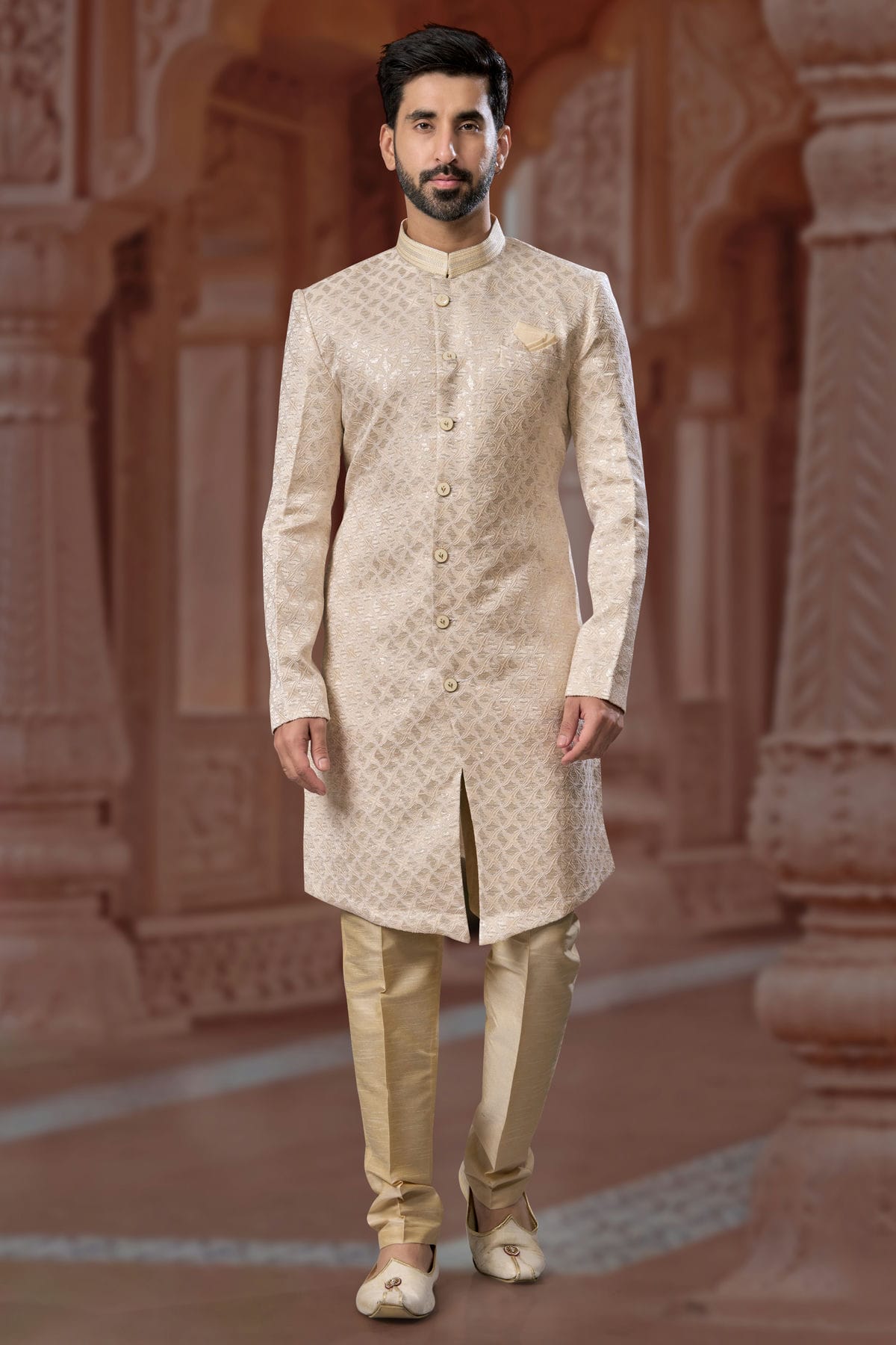 Cream Colour Jacquard Sherwani VSSH1040550