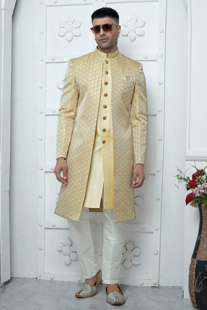 Cream Colour Jacquard Silk Indowestern Sherwani With Aligadhi Pant VSSH1230042