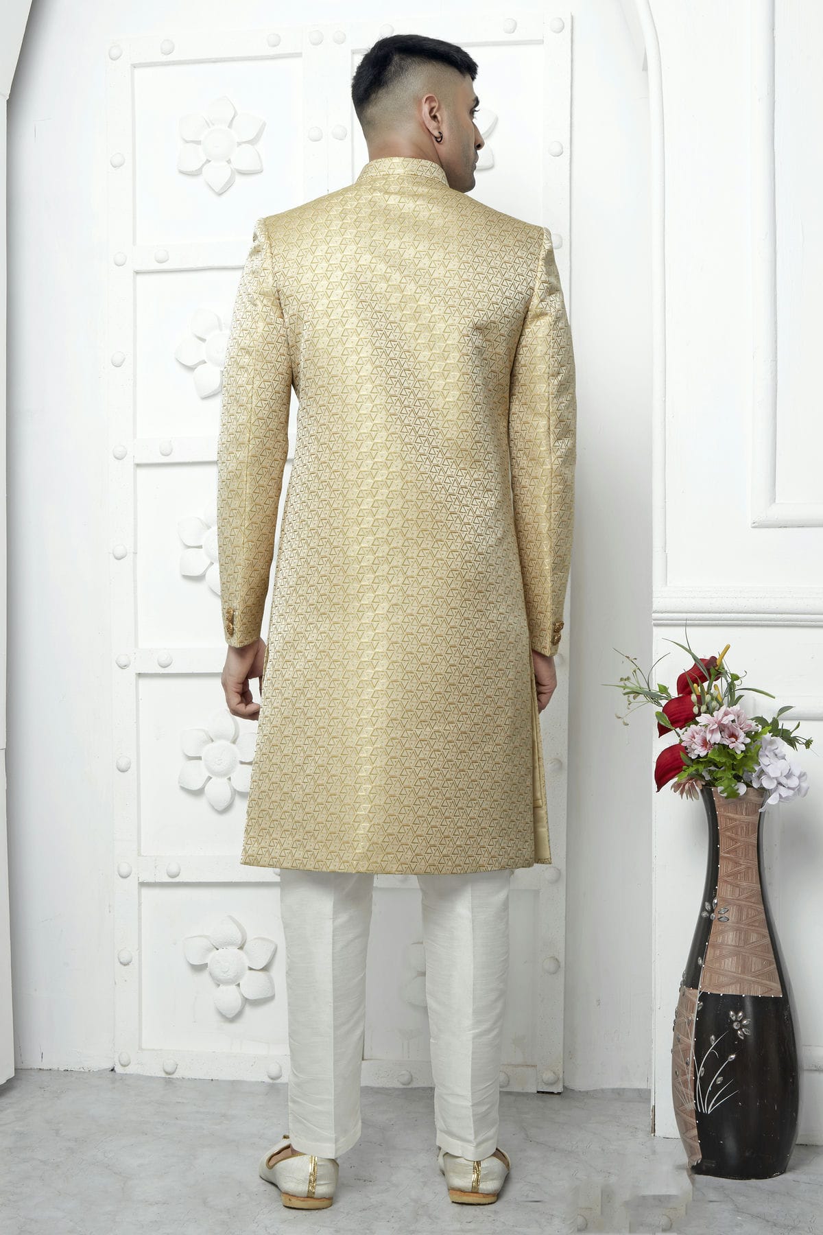 Cream Colour Jacquard Silk Indowestern Sherwani With Aligadhi Pant VSSH1230042