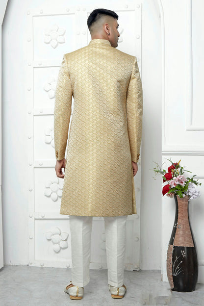 Cream Colour Jacquard Silk Indowestern Sherwani With Aligadhi Pant VSSH1230042