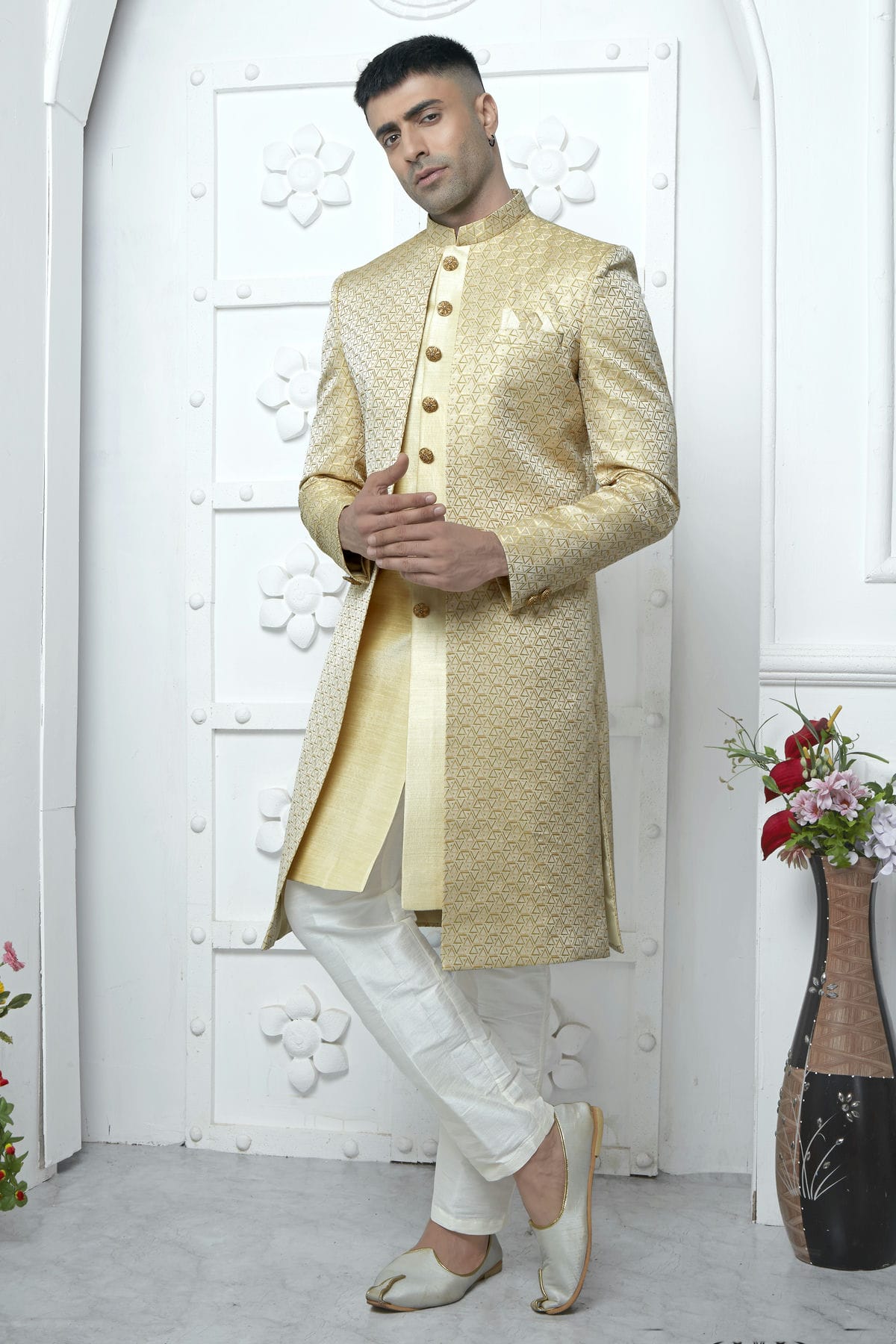 Cream Colour Jacquard Silk Indowestern Sherwani With Aligadhi Pant
