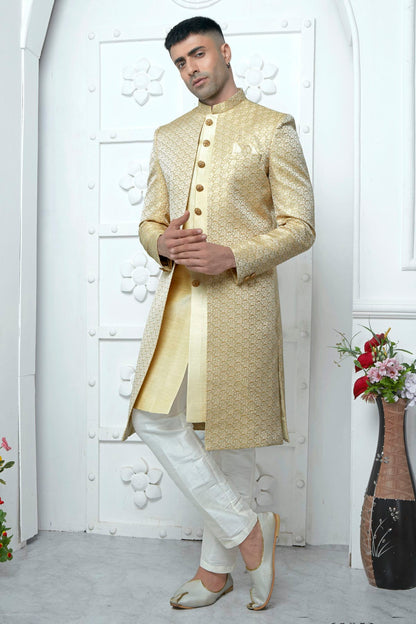 Cream Colour Jacquard Silk Indowestern Sherwani With Aligadhi Pant