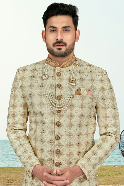 Cream Colour Kora Shine Silk Indo Western Sherwani VSSH1040509