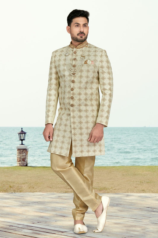 Cream Colour Kora Shine Silk Indo Western Sherwani VSSH1040509