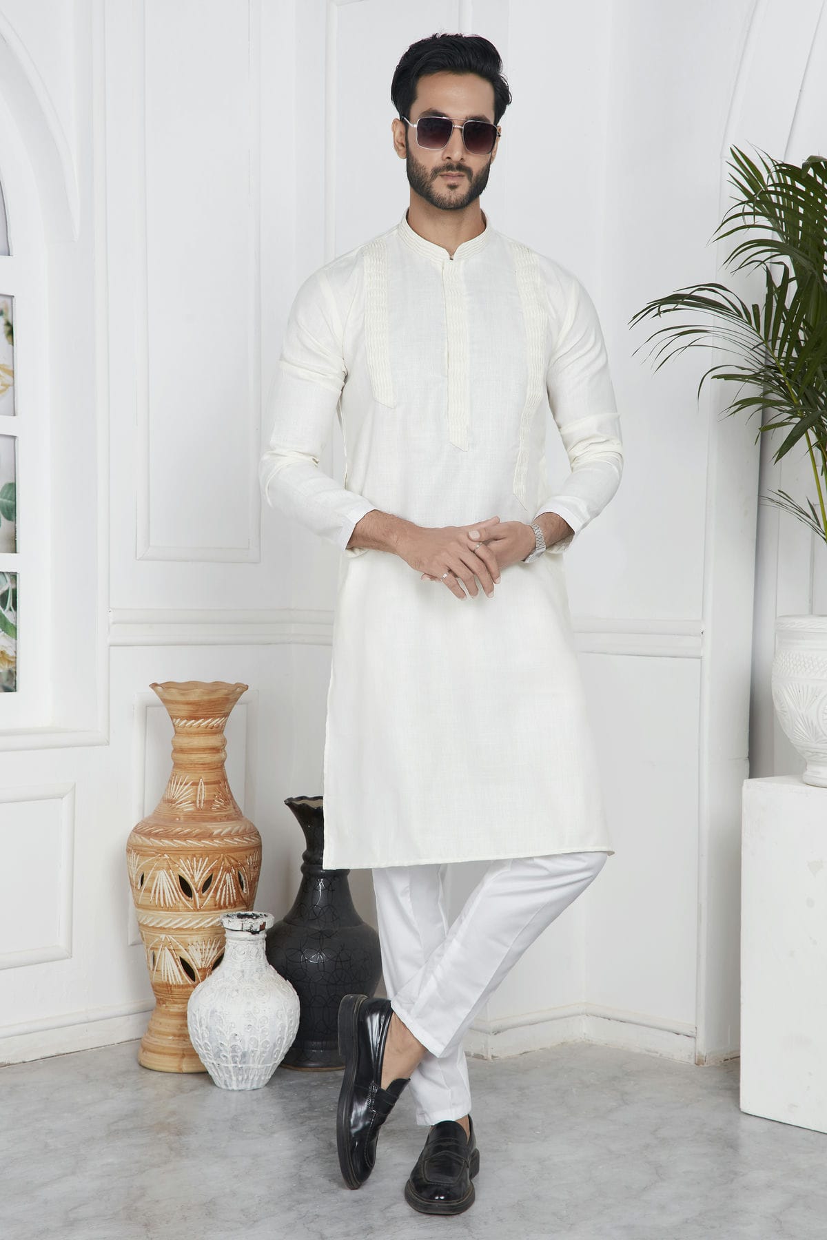 Cream Colour Linen Cotton Pintex Work Kurta Pajama VSKP1230124