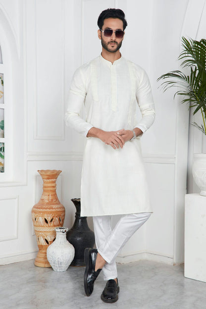 Cream Colour Linen Cotton Pintex Work Kurta Pajama VSKP1230124