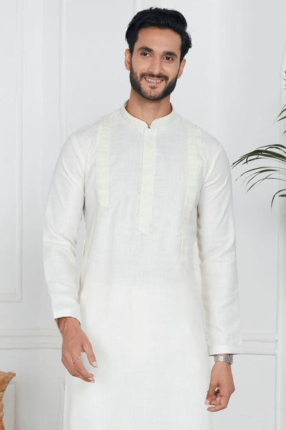 Cream Colour Linen Cotton Pintex Work Kurta Pajama VSKP1230124
