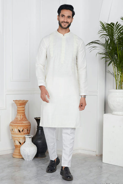 Cream Colour Linen Cotton Pintex Work Kurta Pajama