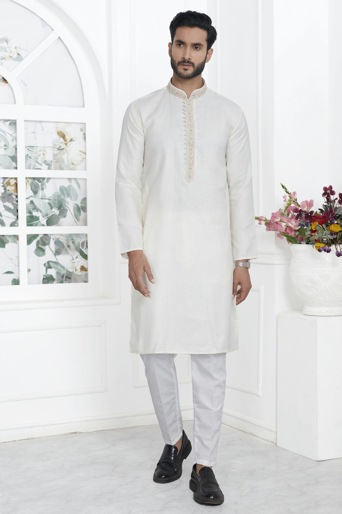 Cream Colour Linen Cotton Thread Work Kurta Pajama
