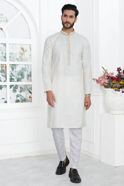 Cream Colour Linen Cotton Thread Work Kurta Pajama