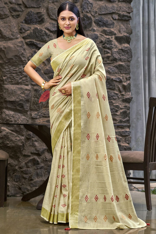 Cream Colour Linen Woven Work Traditional Saree