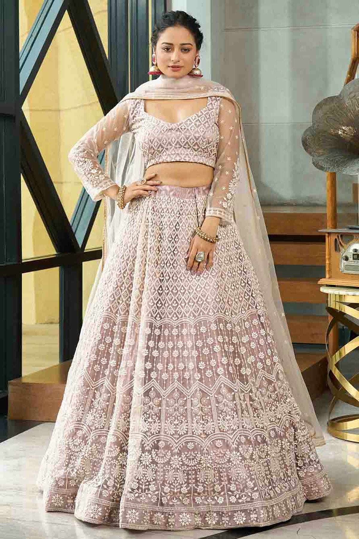 Cream Colour Net Semi Stitched Lehenga Choli VSLC1170097