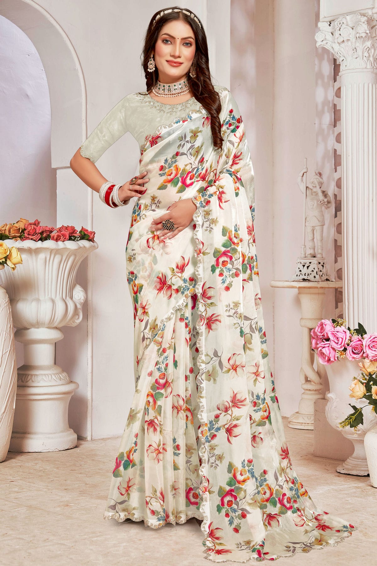 Cream Colour Organza Silk Designer Saree