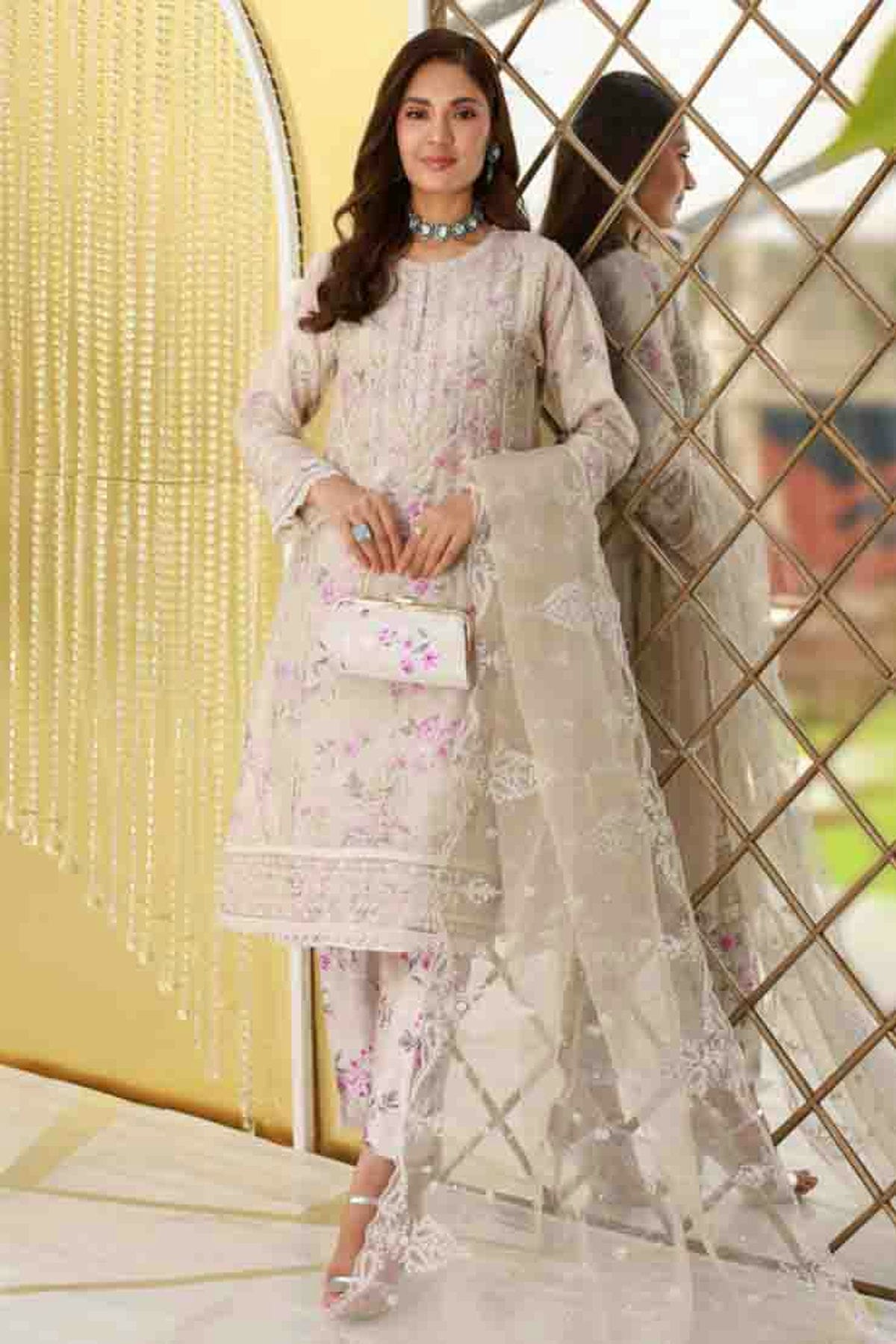 Cream Colour Organza Silk Pakistani Suit VSSM1140900