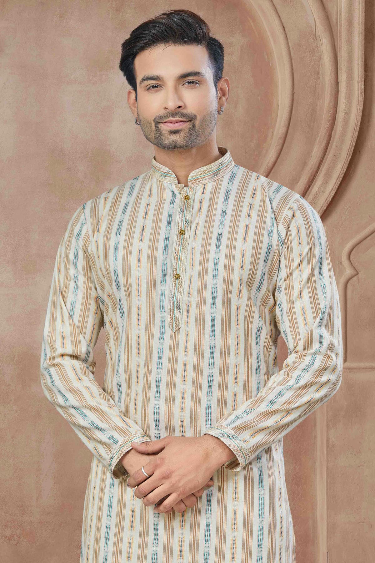 Cream Colour Printed and Pintex Work Cotton Kurta Pajama VSKP1113440