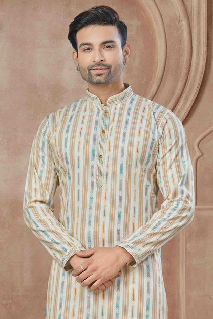 Cream Colour Printed and Pintex Work Cotton Kurta Pajama VSKP1113440