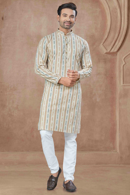 Cream Colour Printed and Pintex Work Cotton Kurta Pajama VSKP1113440