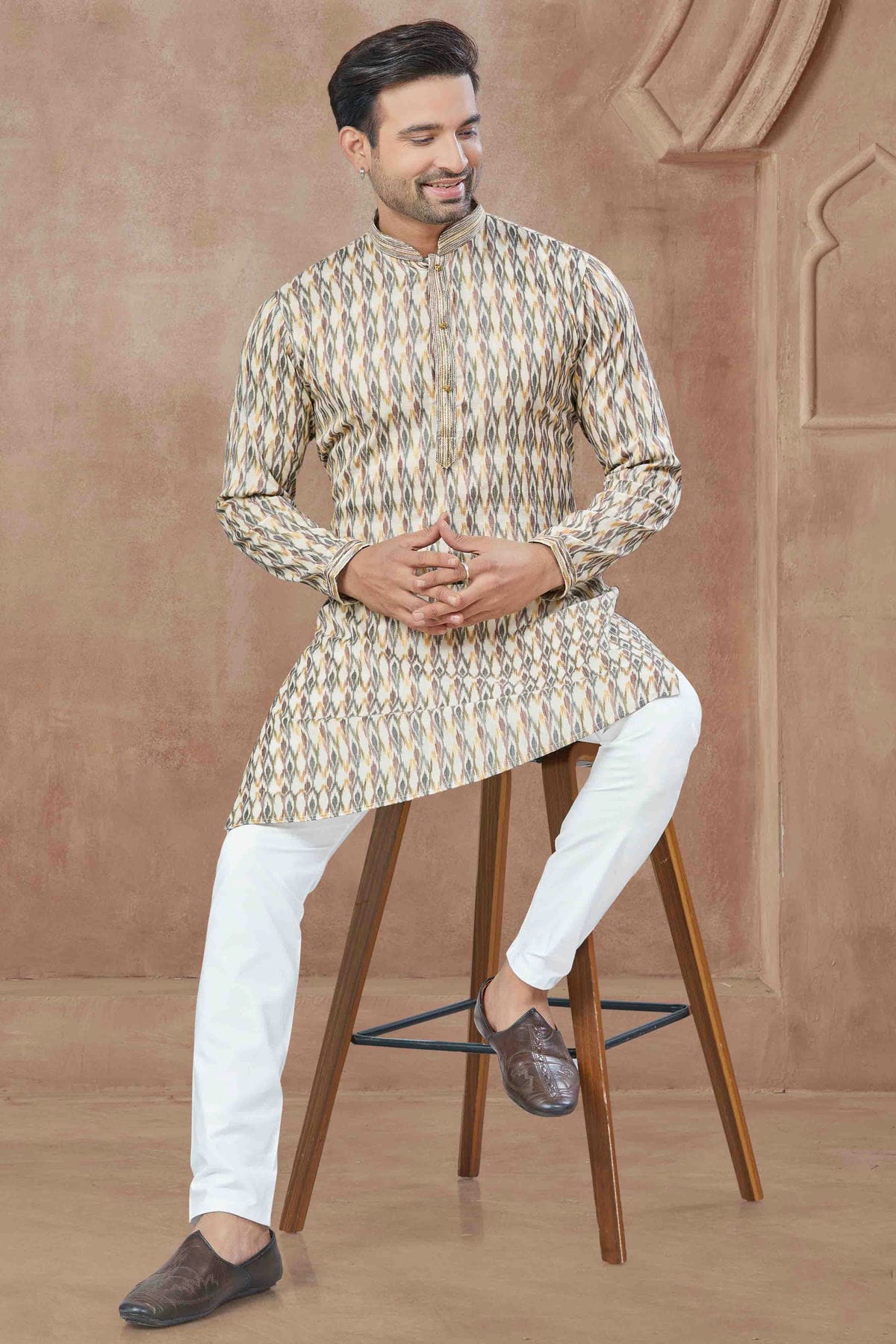 Cream Colour Printed and Pintex Work Cotton Kurta Pajama VSKP1113442