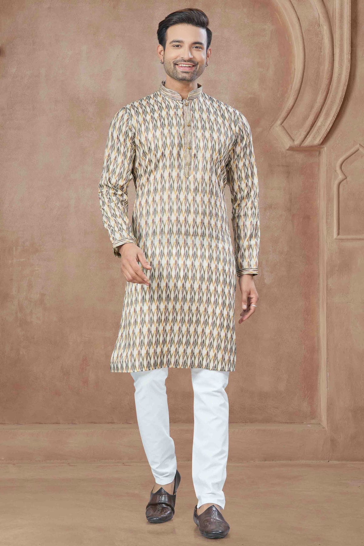 Cream Colour Printed and Pintex Work Cotton Kurta Pajama VSKP1113442