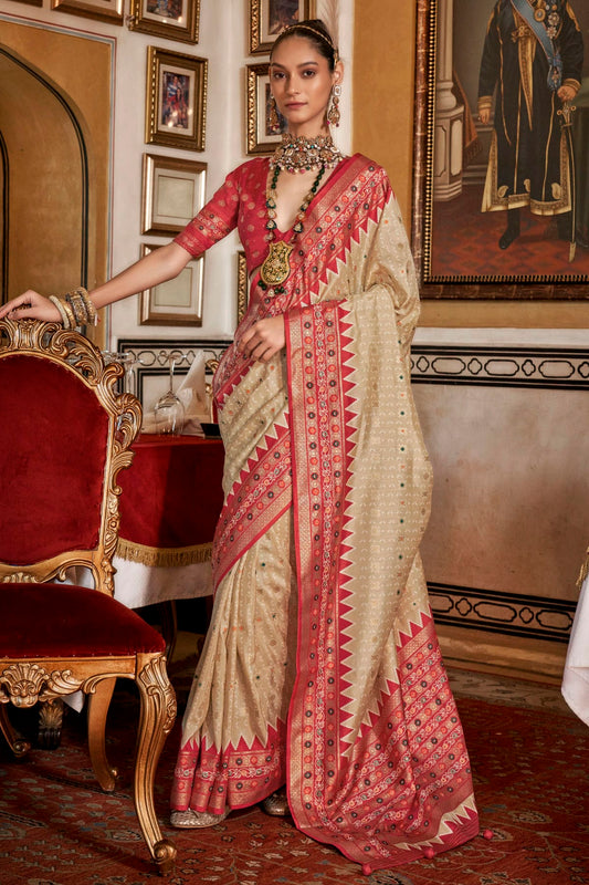 Cream Colour Sigma Silk Patola Print Saree