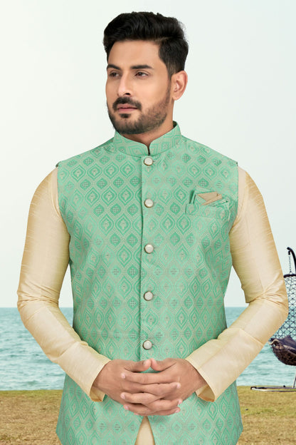 Cream Colour Silk Dhupion Jacket Kurta Pajama VSKP1040495