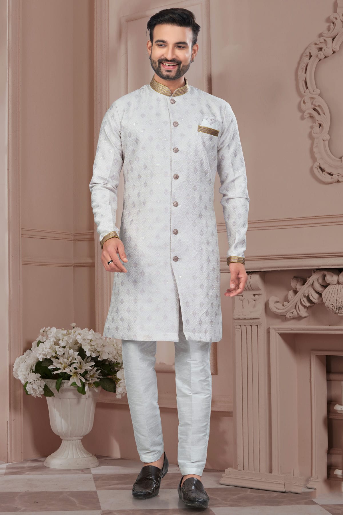 Cream Colour Silk Dupion Sherwani
