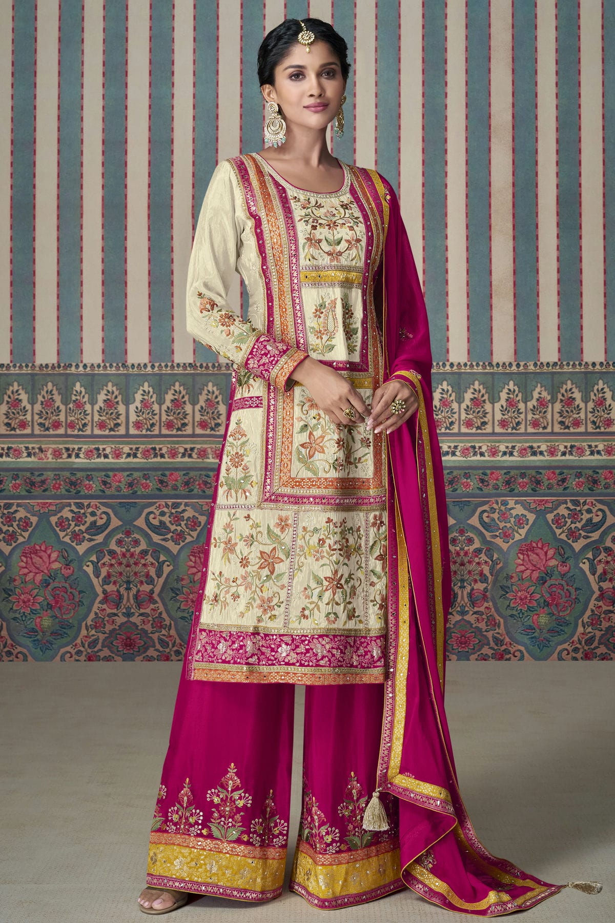 Cream Colour Simar Silk Palazzo Pant Suit