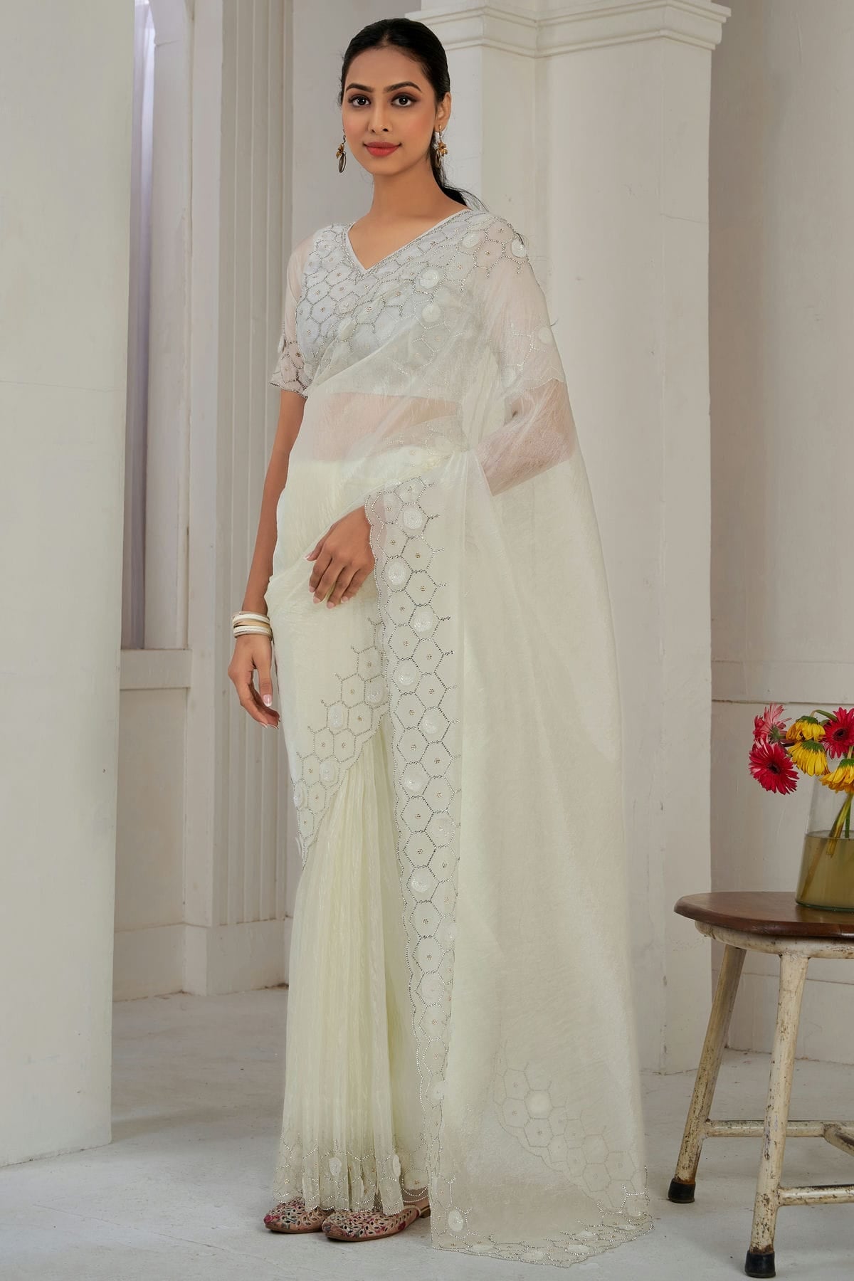 Cream Colour Soft Organza Designer Saree