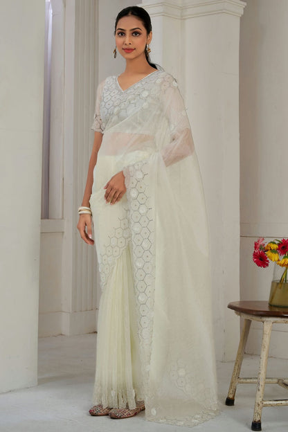 Cream Colour Soft Organza Designer Saree