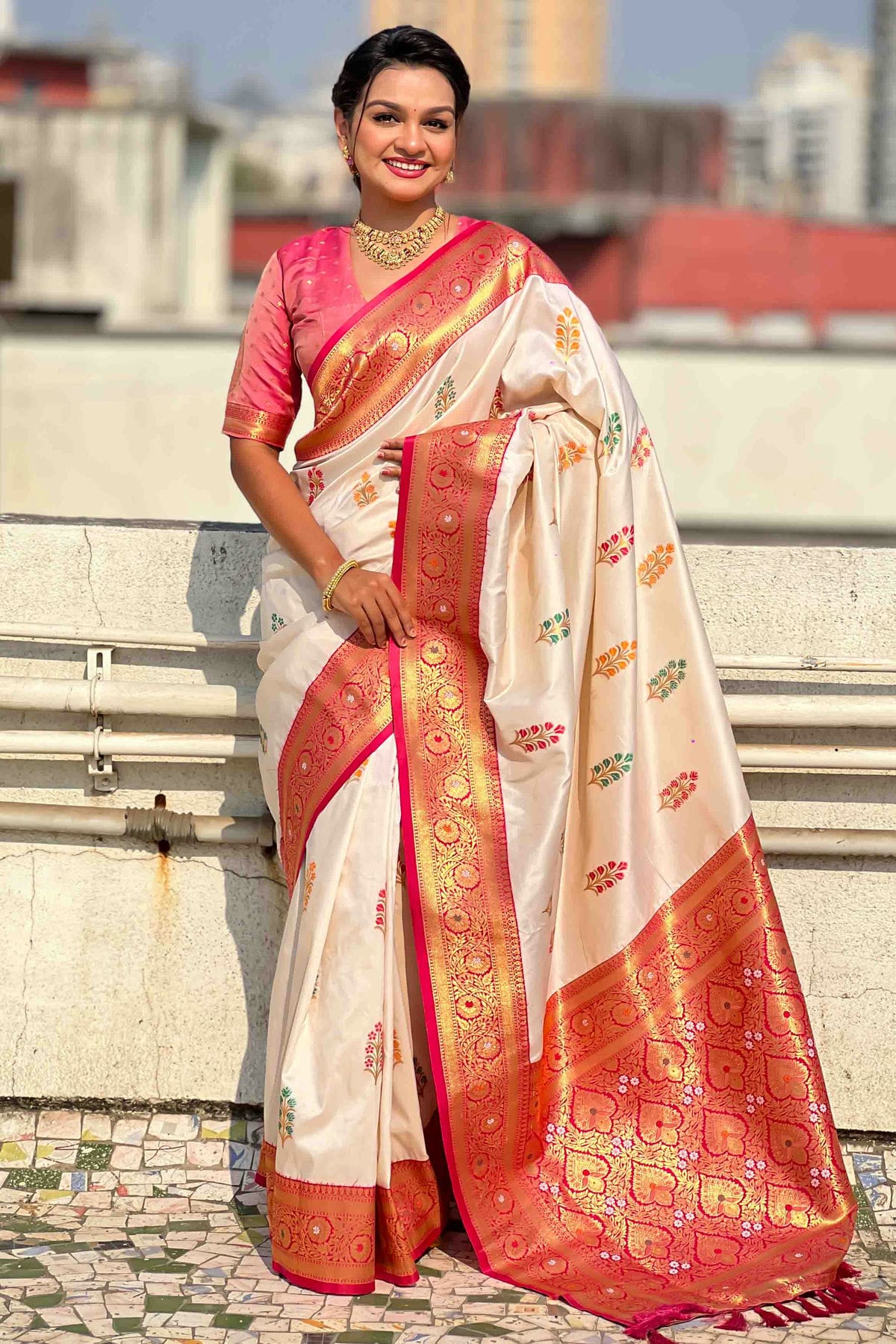 Cream Colour Soft Silk Meenakari Work Traditional Saree VSSD1113578